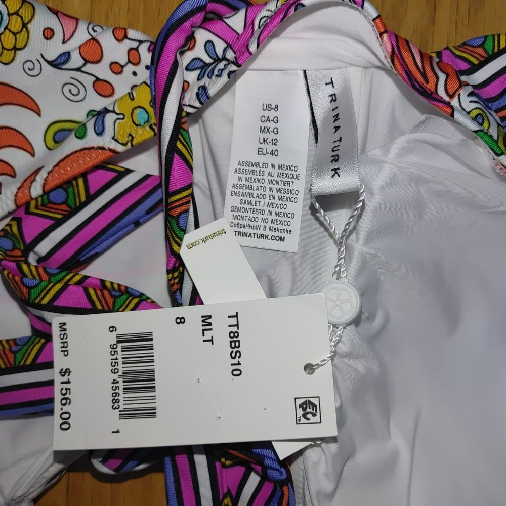 NWT TRINA TURK Jungle Beach Paisely-Print Plunging Cross-Back One-Piece Swimsuit - Picture 7 of 8